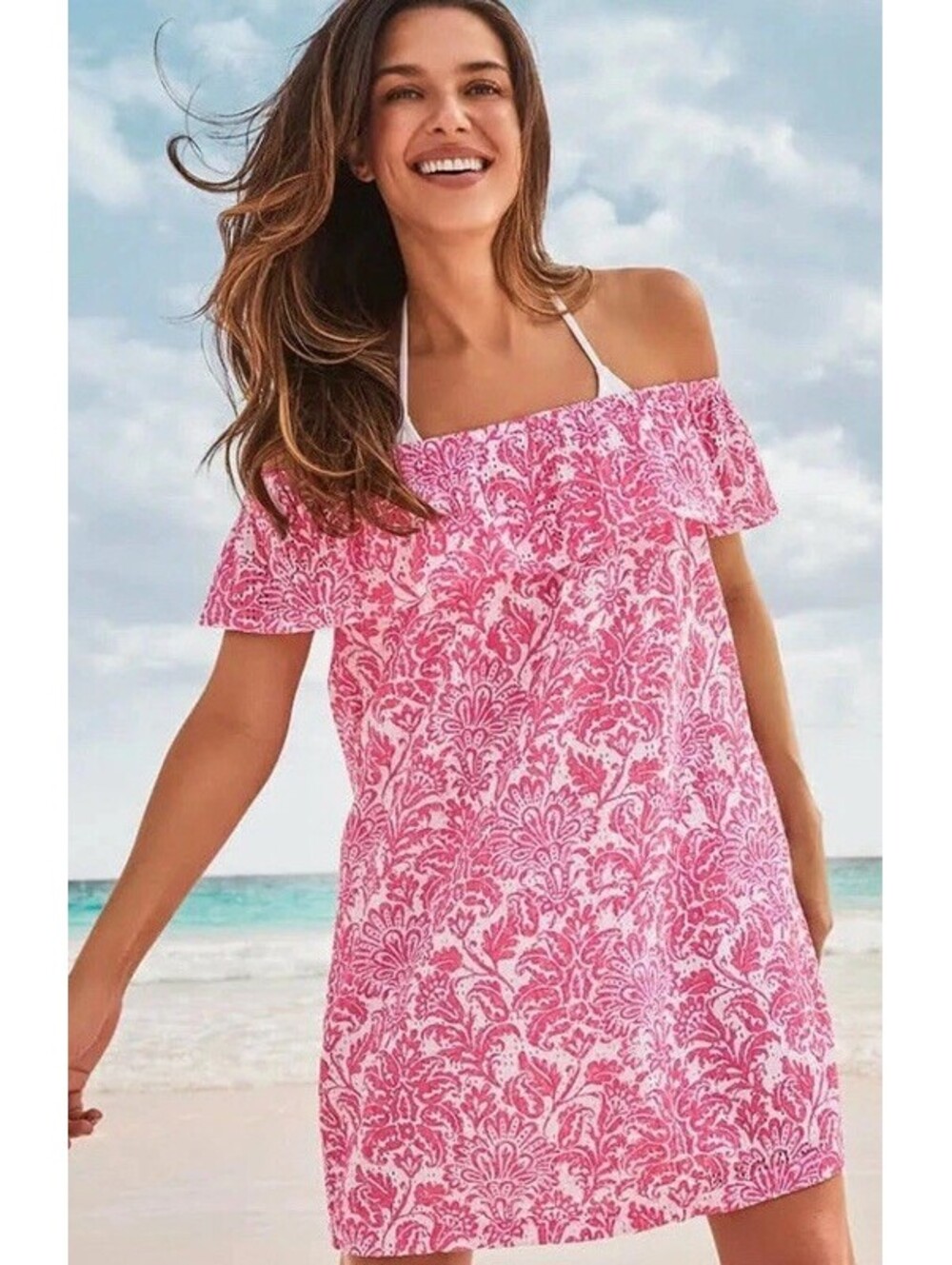 Tommy Bahama Pink Off The Shoulder Dress Ruffle Beach Resort Wear Mini XS